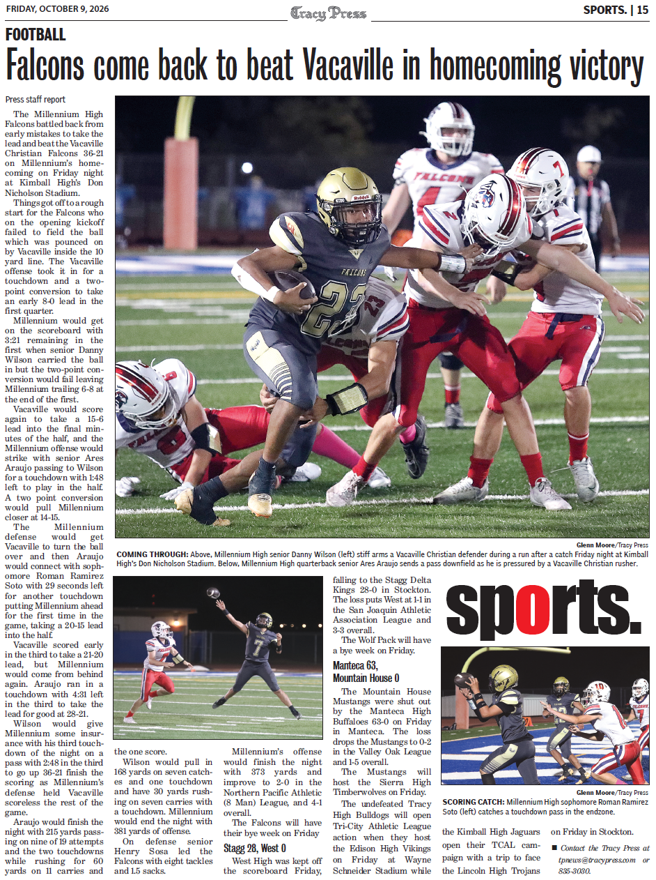 A newspaper sports page featuring the headline 'Falcons come back to beat Vacaville in homecoming victory'.
